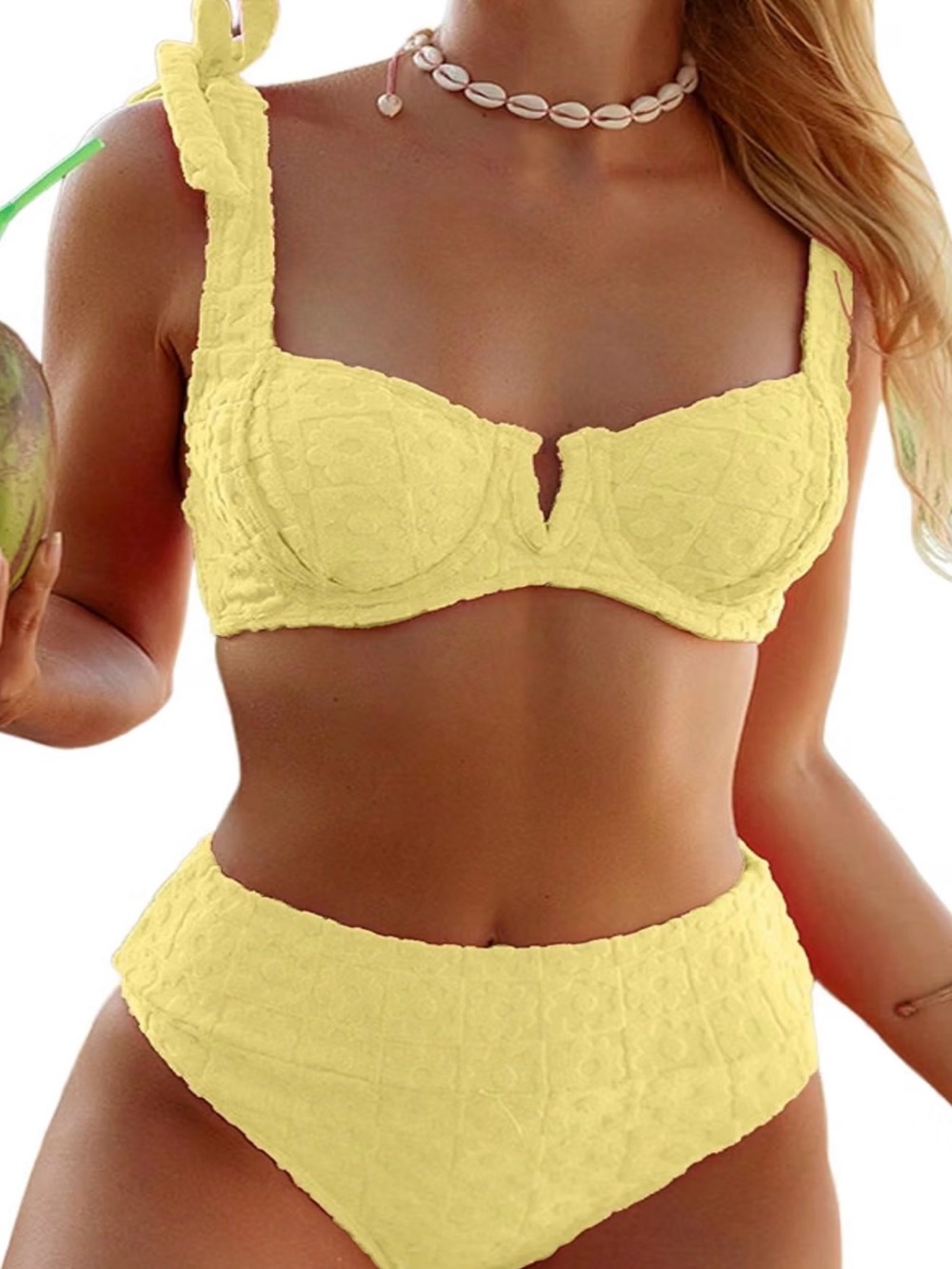Yellow Floral Textured Tie Bow Underwire High Waisted Bikini Set Size L Like-New